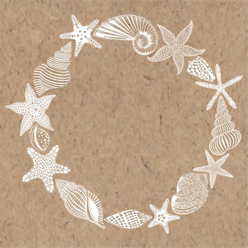 Vector image round frame of sea stars and shells on craft