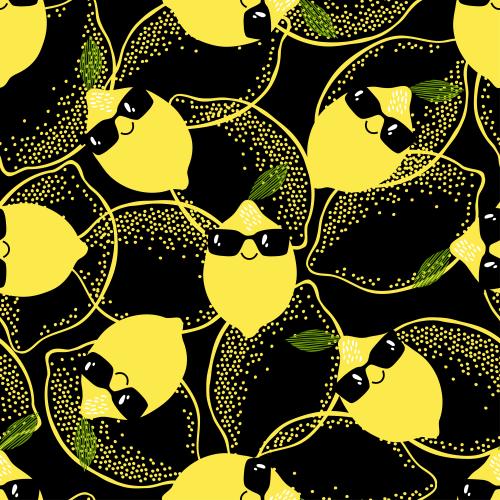 Vector image lemon outlines, cartoon lemons in sunglasses on black